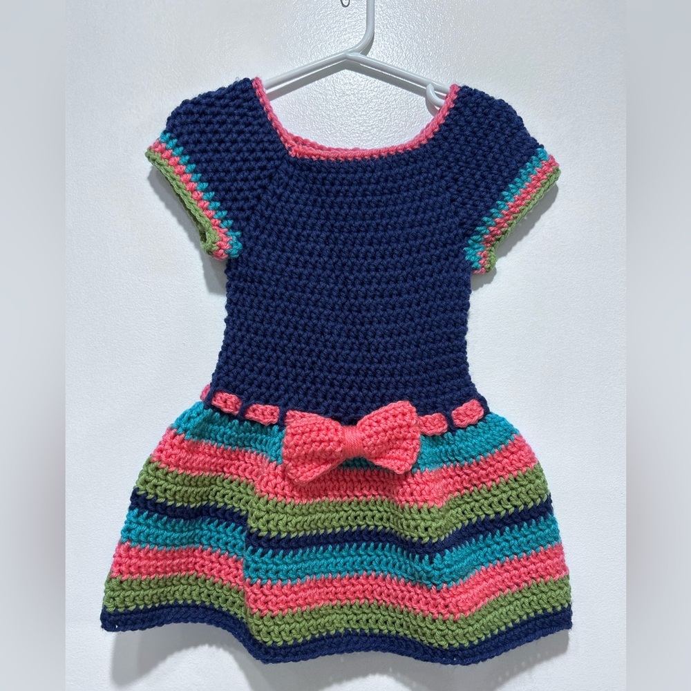 Multicoloured Crochet Short Sleeve Dress Pit to Pit 21” Length 19” like 2T?
